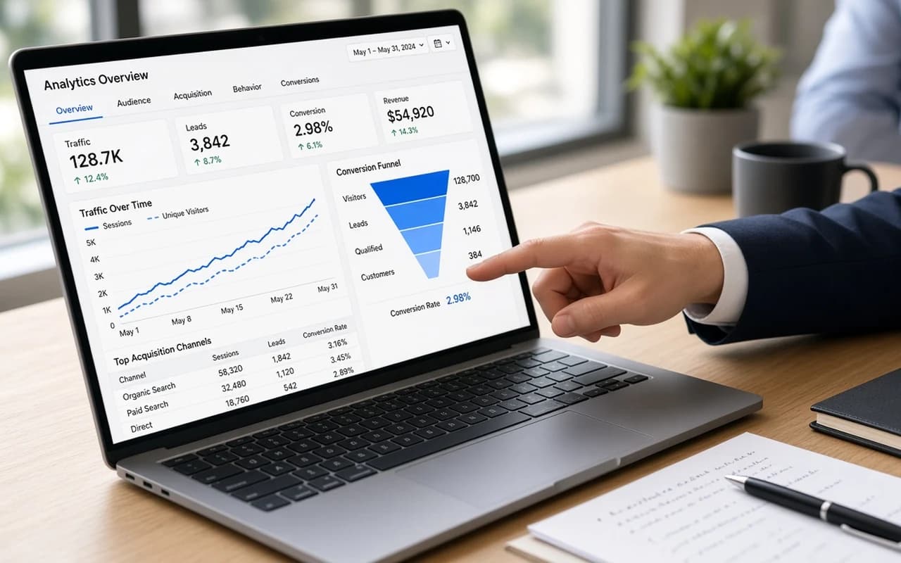 Analytics dashboard with charts on a laptop screen