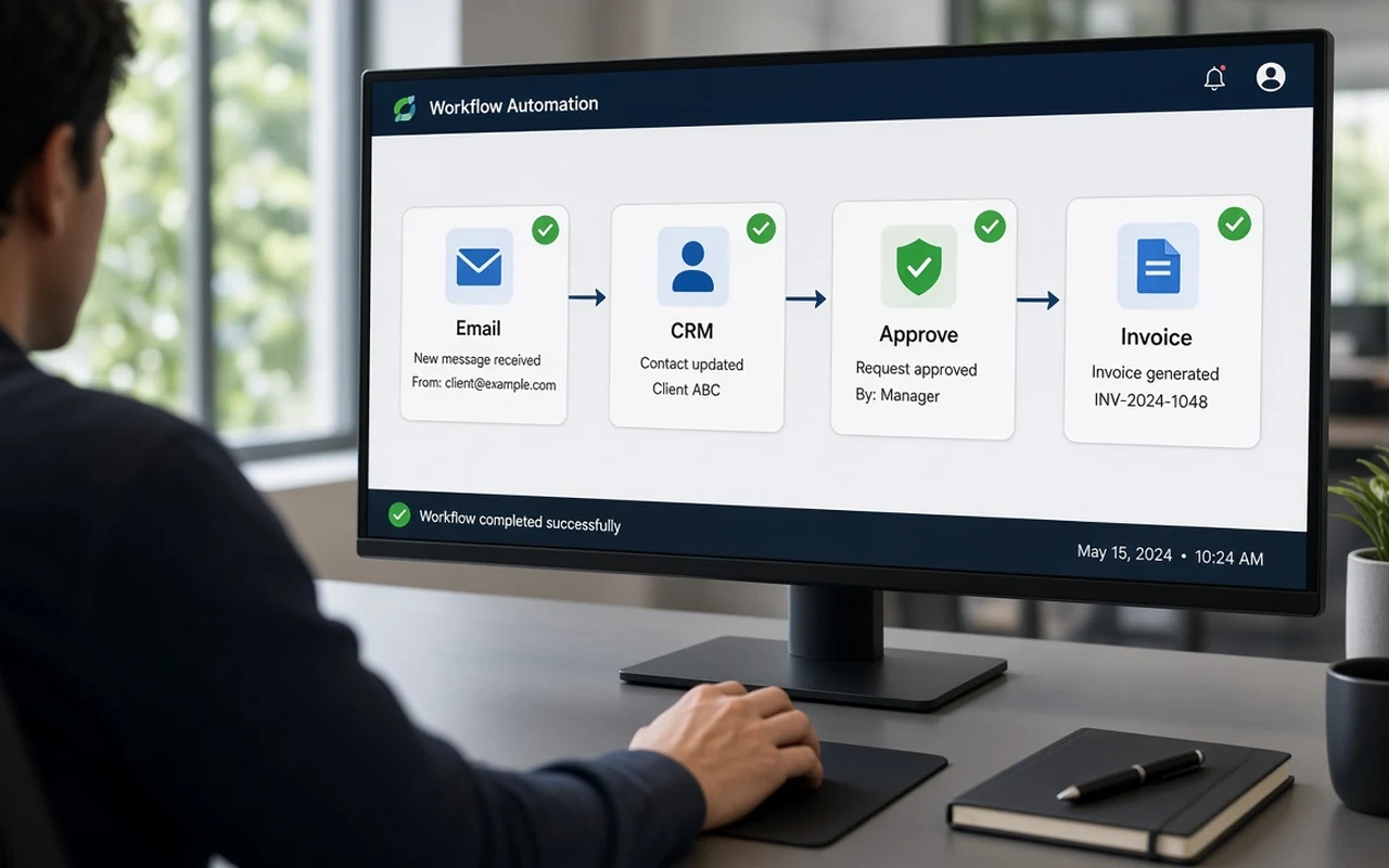Workflow diagram connecting apps on a desk setup