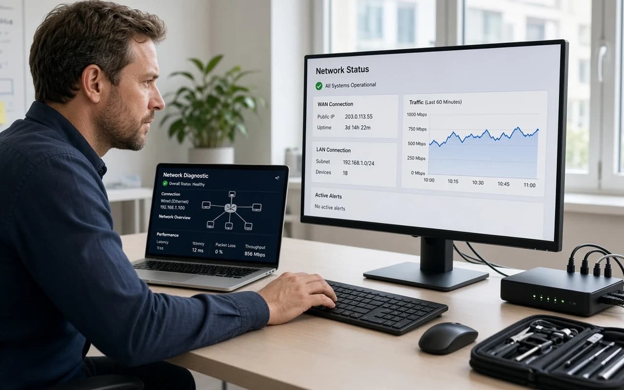Developer at a dual-monitor desk with code and diagnostics