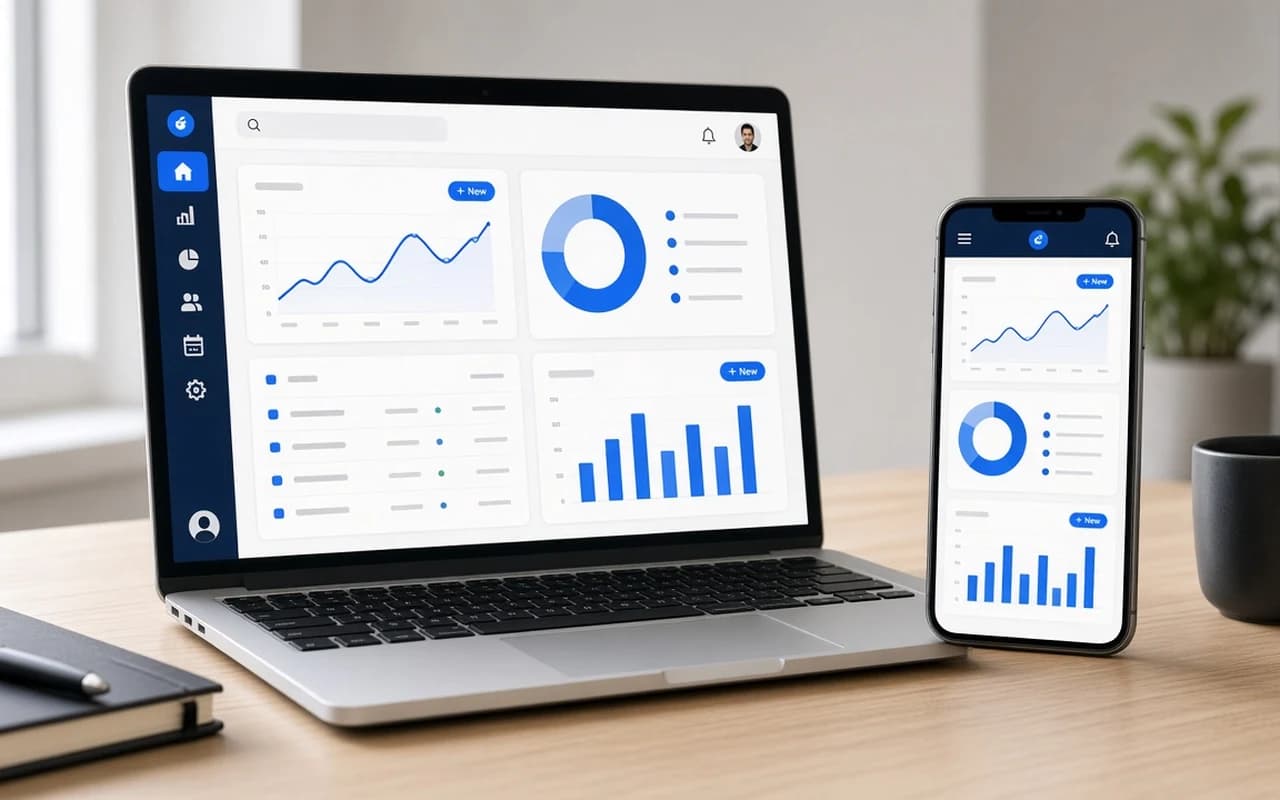 Laptop and phone showing a modern web application dashboard